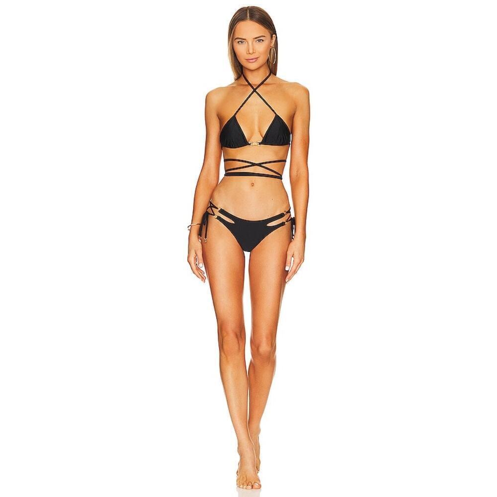 Dundas Josephine Women's Black Gold Accents Swim Bikini Set Size L NWT